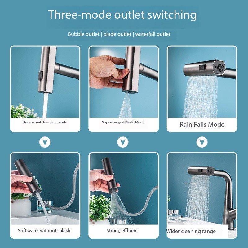 Modern Single-Hole Kitchen or Bathroom Basin Tap All-Copper Hot and Cold Lifting Tap with Ceramic Valve All Brass Material