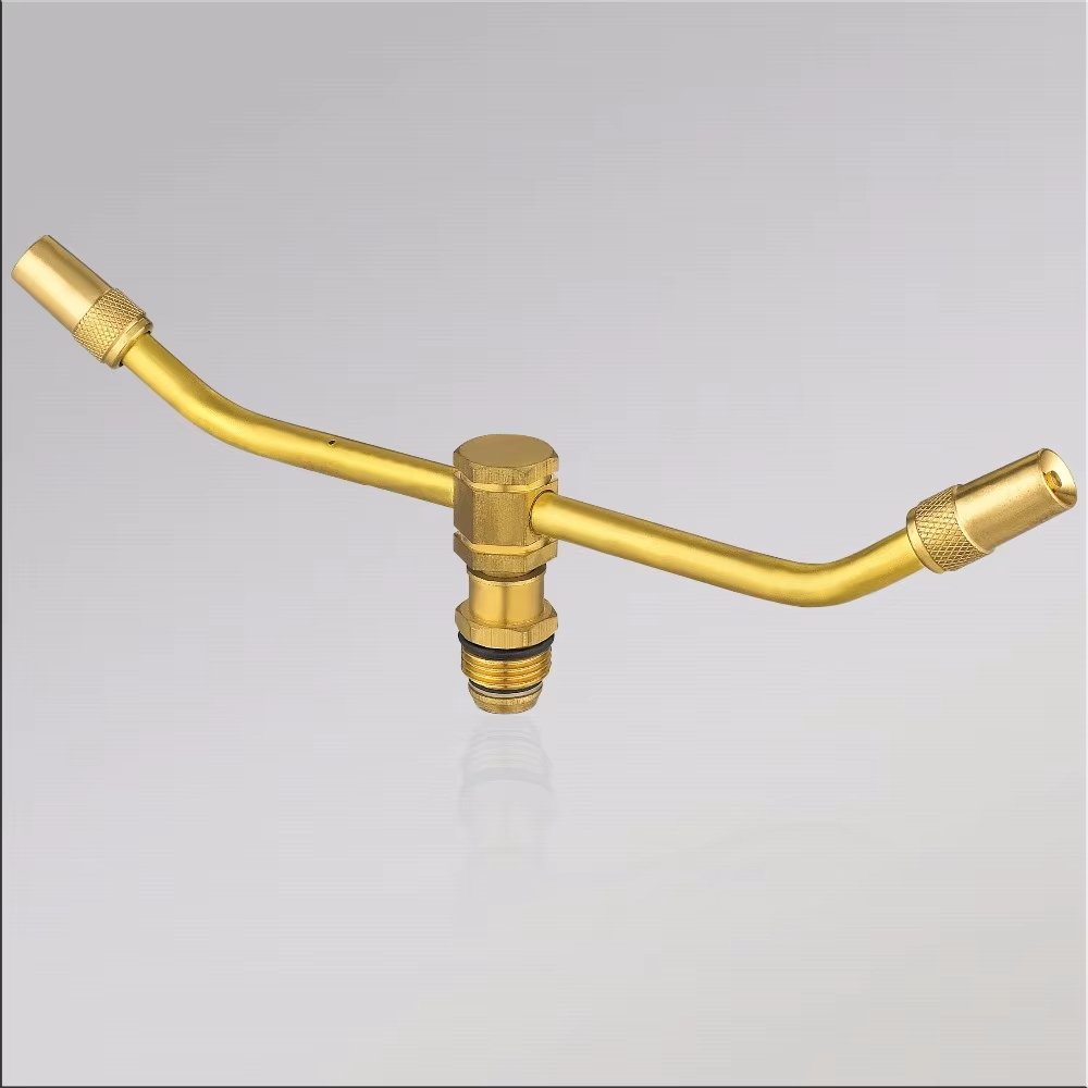 Two fork 360 degree autorotation garden irrigation brass sprinkler two nozzles cooling down atomization brass spray nozzles