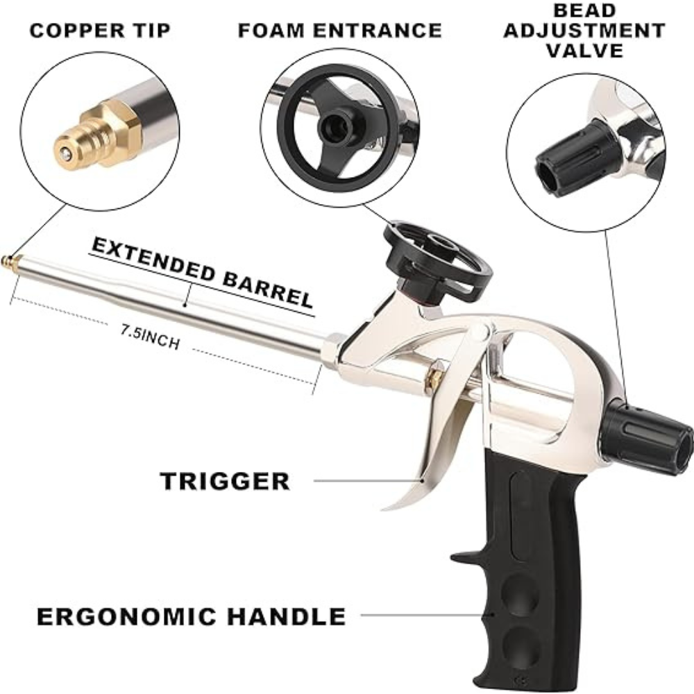 2 Pack Professional Grade 7.5inch Heavy Duty Spray Foam Dispensing Gun with Non-stick Teflonized Adapter Bead Adjustment Valve