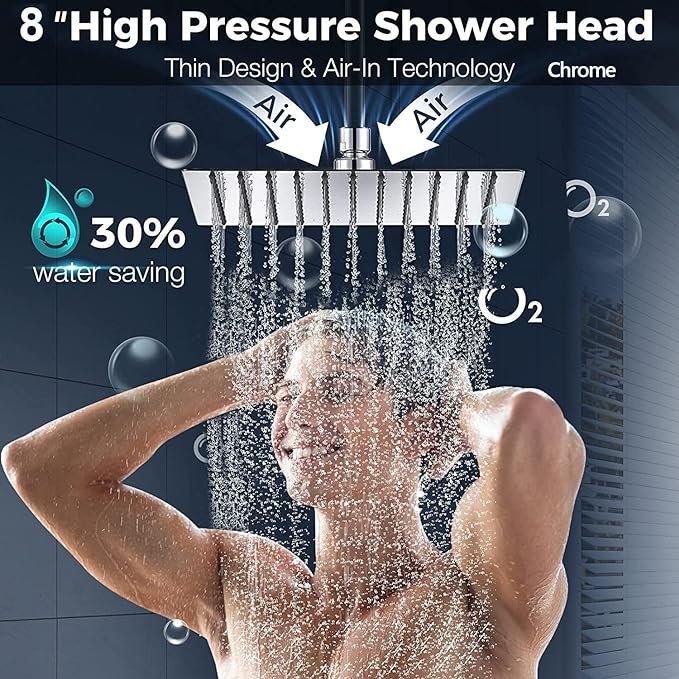 8'' High Pressure Black Rainfall Shower Head 78'' Long Hose 3 Way Diverter Valve 3 Spray Settings Handheld Bath Shower Faucets