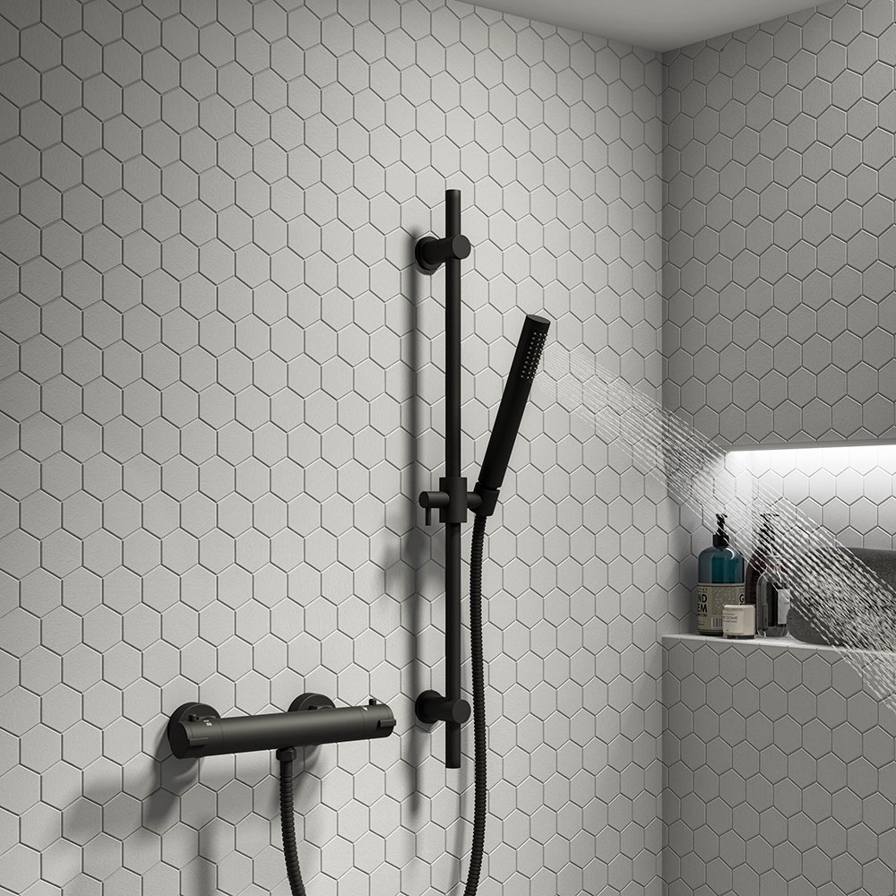 Classic Black Thermostatic Brass Bathroom Faucet Tap Dual Handle Shower Mixer with Rain Spray Pattern Concealed Bathtub Design