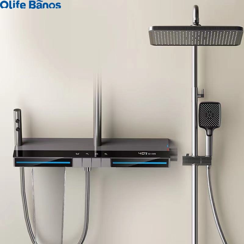Olife Banos new design bathroom gunmetal white color blue led light piano key shower head faucet hot cold shower set