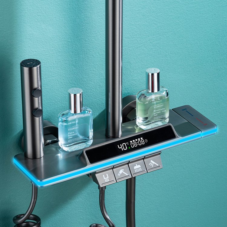 Smart Digital Display SS-1296 Shower Faucet System Gun Gray Brass Bathroom Piano Keypad 4 Way Chrome Brushed Finish Rain Soft