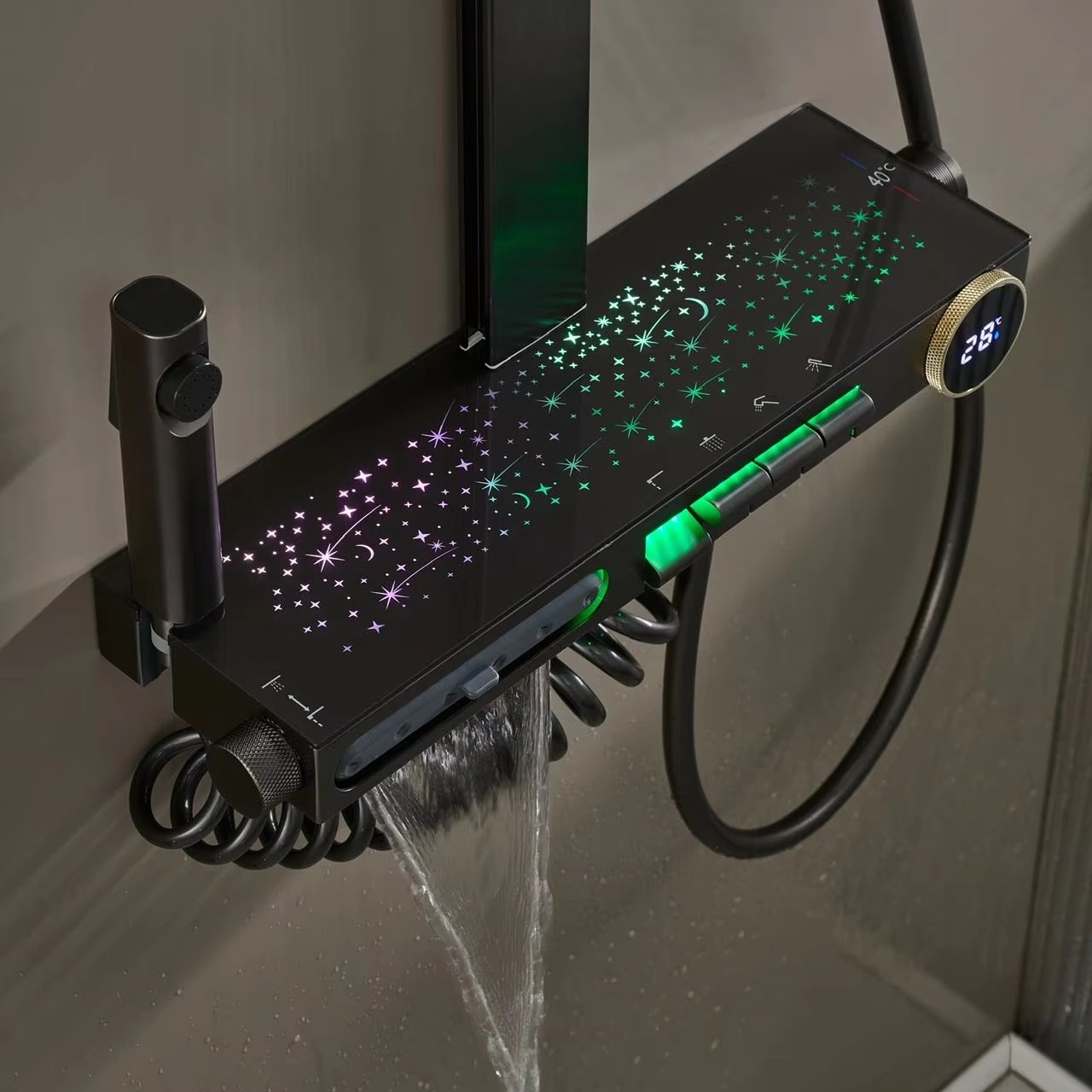 Olife Banos new design bathroom gunmetal color multifunctional piano key star moon light shine led waterfall shower set