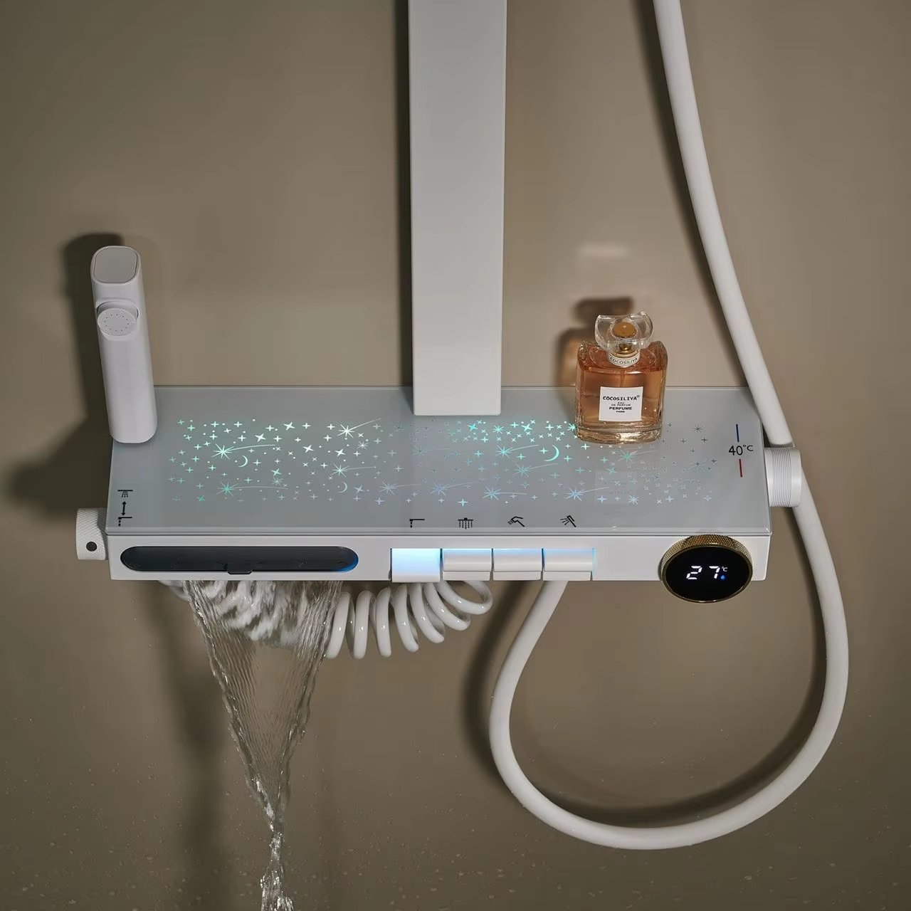 Olife Banos new design bathroom gunmetal color multifunctional piano key star moon light shine led waterfall shower set