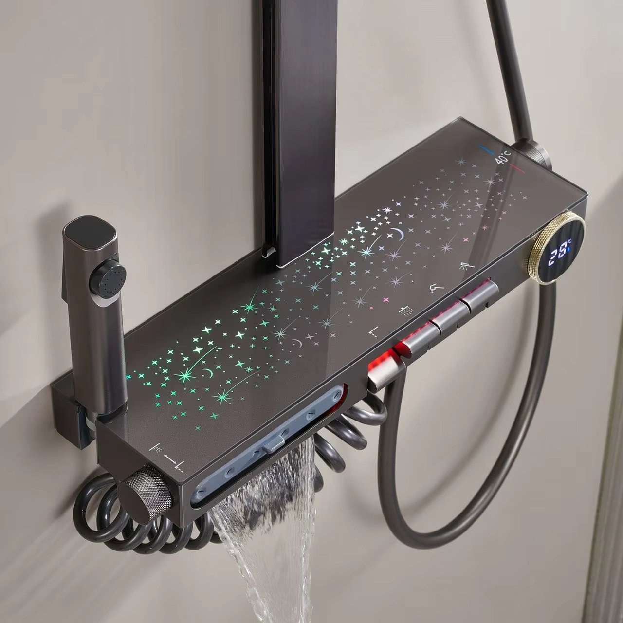 Olife Banos new design bathroom gunmetal color multifunctional piano key star moon light shine led waterfall shower set