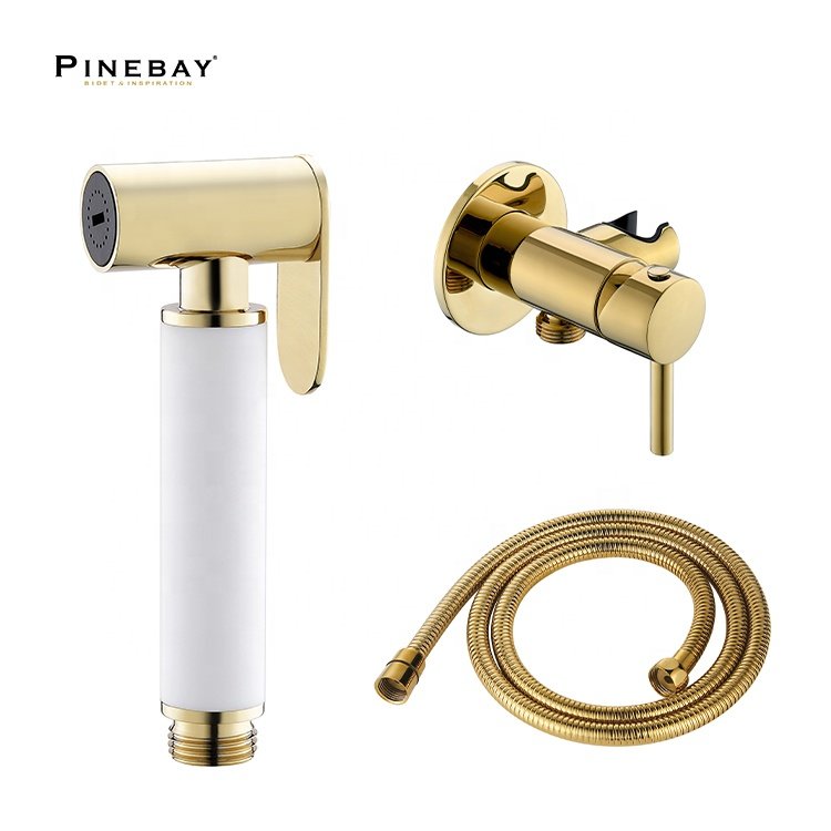 PINEBAY Good Quality Bathroom Luxury Gold Hot And Cold Water Mixer Valve Pet Stainless Steel Bidet Sprayer Shattaf Set