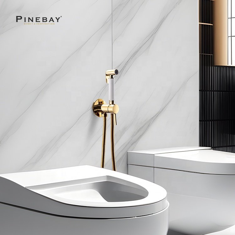 PINEBAY Good Quality Bathroom Luxury Gold Hot And Cold Water Mixer Valve Pet Stainless Steel Bidet Sprayer Shattaf Set