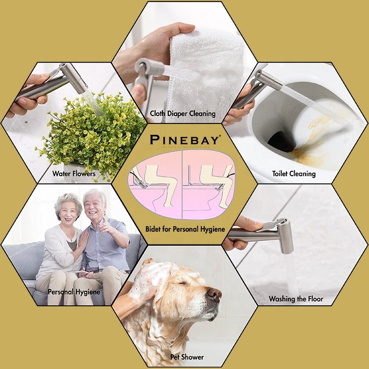 PINEBAY Good Quality Bathroom Luxury Gold Hot And Cold Water Mixer Valve Pet Stainless Steel Bidet Sprayer Shattaf Set