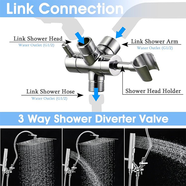 Shower Arm Diverter with Handheld Shower Mount Bracket G1/2 Universal Brass Shower Diverter Valve for Fixed Spray Head