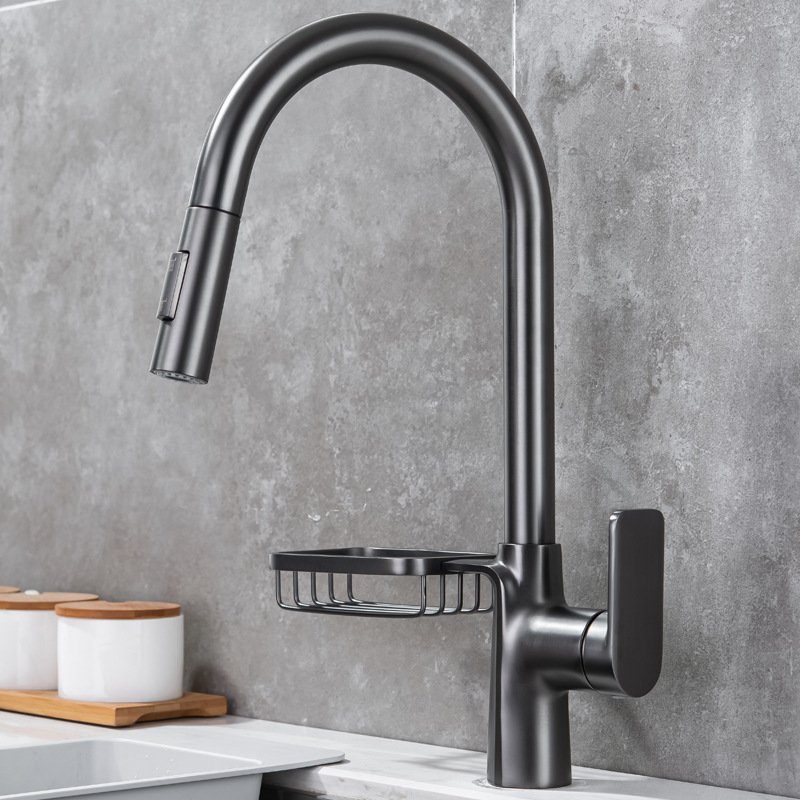 Modern Black Kitchen Faucet Anti-Splash All-Copper Wash Basin Faucet with Pull out Spray Hot Cold Rotate Sink Ceramic Valve Core