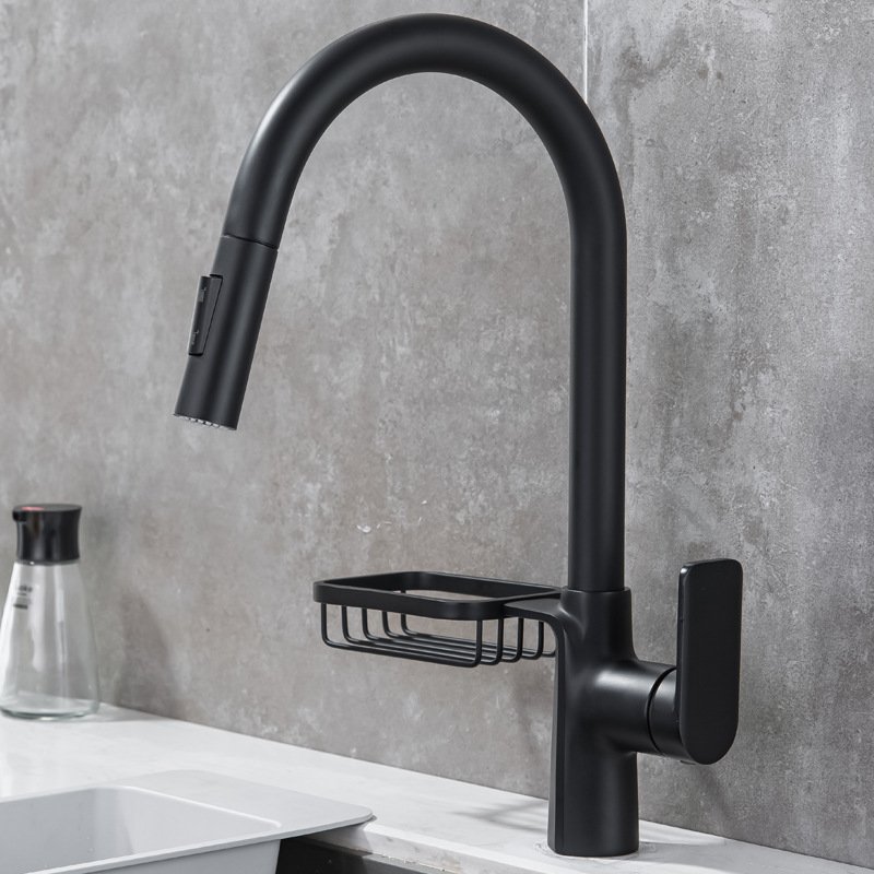 Modern Black Kitchen Faucet Anti-Splash All-Copper Wash Basin Faucet with Pull out Spray Hot Cold Rotate Sink Ceramic Valve Core