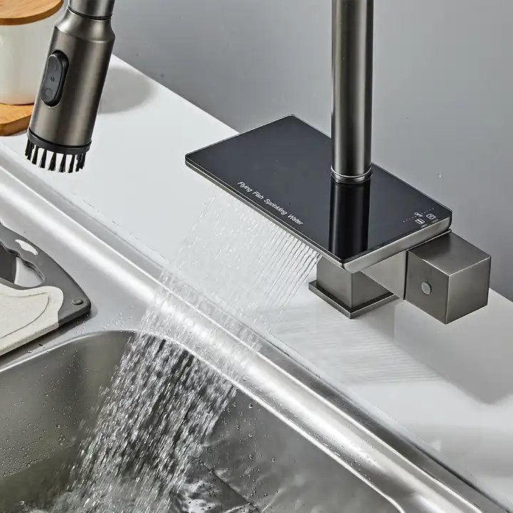 Luxury Black Gunmetal kitchen sink Smart Brass Waterfall Rainfall Energy-Generation Rotating Kitchen Faucet with Digital Display