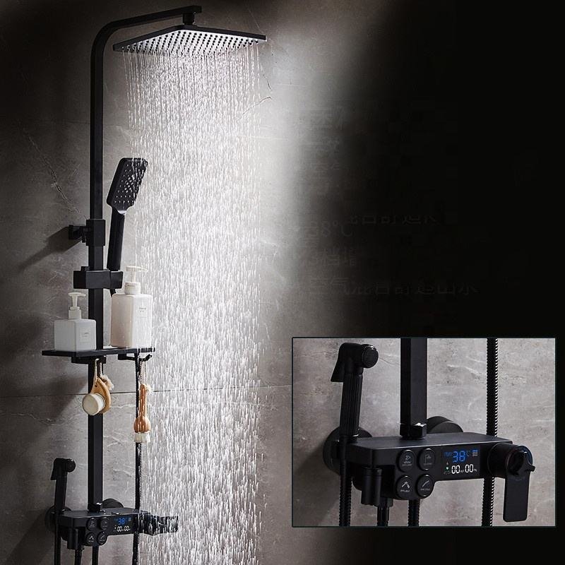 Household bathroom pressurized gray shower set all copper piano buttons intelligent constant temperature shower nozzle set