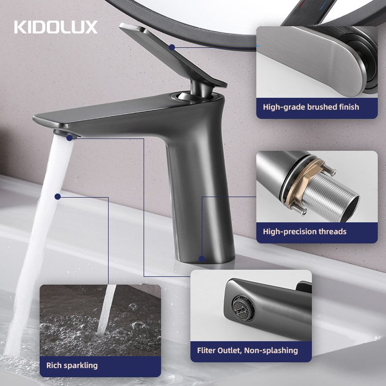 Kidolux Modern Water Tap Sanitary Ware Single Hole Handle Brushed Finish Hot And Cold Water Mixer Brass Basin Faucet For Hotel