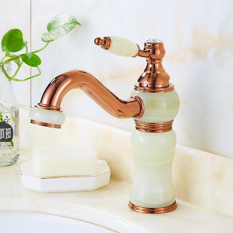 European Luxury Modern Deck Mounted Kitchen Faucet All Copper Gold Basin Faucet Hot Cold Water Brass Zinc Blue Jade Marble