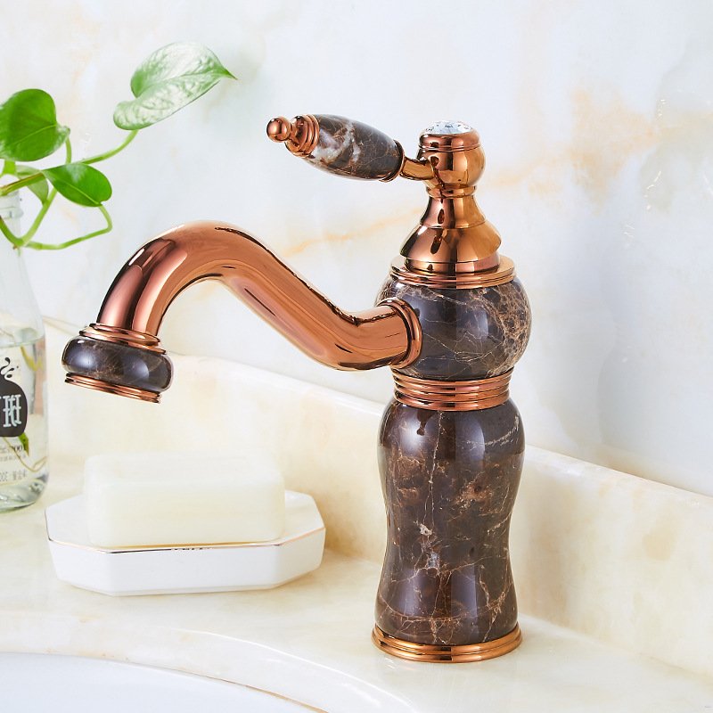 European Luxury Modern Deck Mounted Kitchen Faucet All Copper Gold Basin Faucet Hot Cold Water Brass Zinc Blue Jade Marble