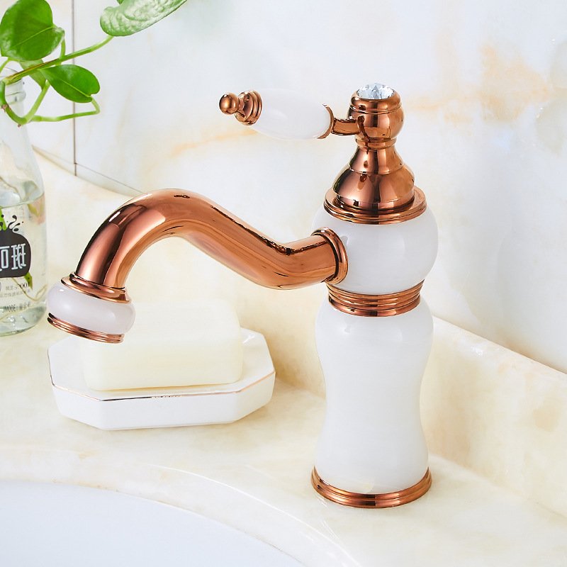 European Luxury Modern Deck Mounted Kitchen Faucet All Copper Gold Basin Faucet Hot Cold Water Brass Zinc Blue Jade Marble