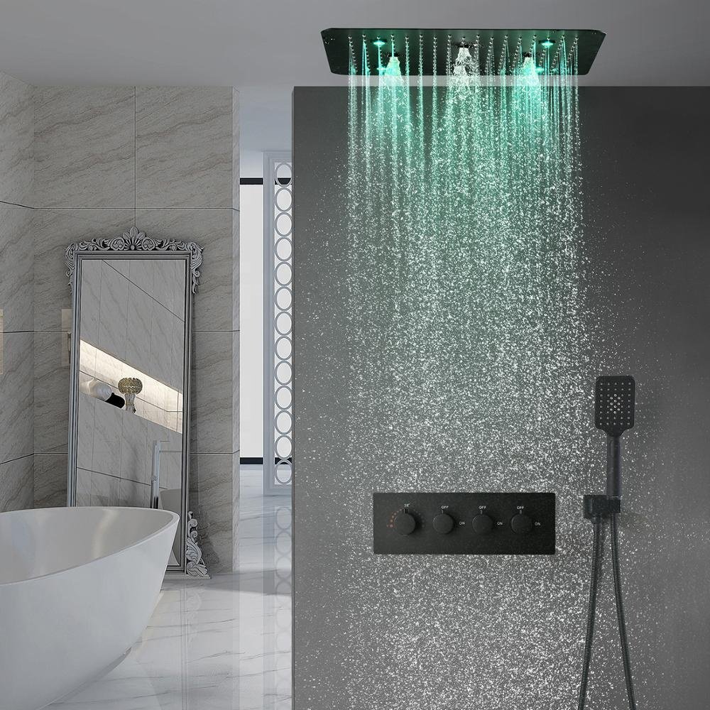 Bath Black Shower Set Colorful LED Multi Function Mist Spray Massage Thermostatic Shower Head Panel Matte Black Shower Faucet