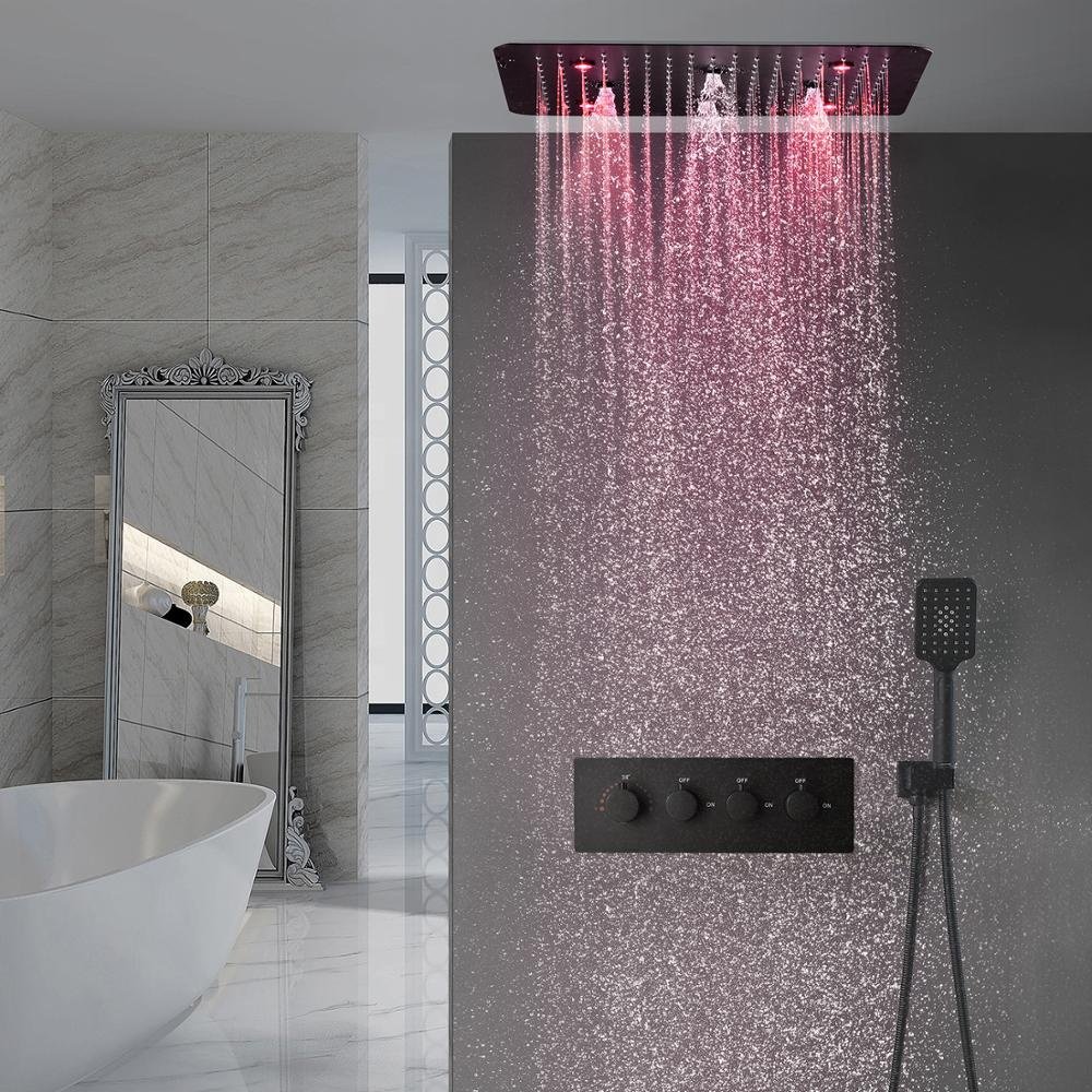 Bath Black Shower Set Colorful LED Multi Function Mist Spray Massage Thermostatic Shower Head Panel Matte Black Shower Faucet