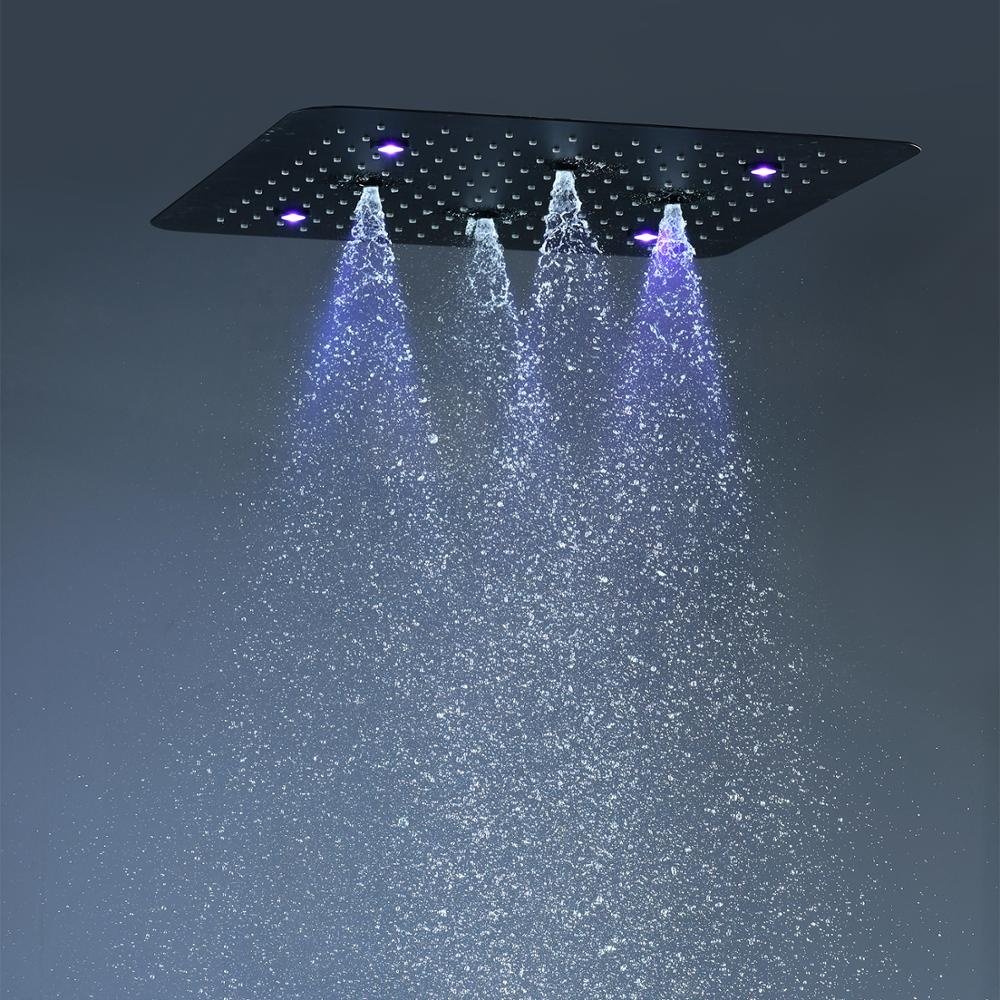 Bath Black Shower Set Colorful LED Multi Function Mist Spray Massage Thermostatic Shower Head Panel Matte Black Shower Faucet