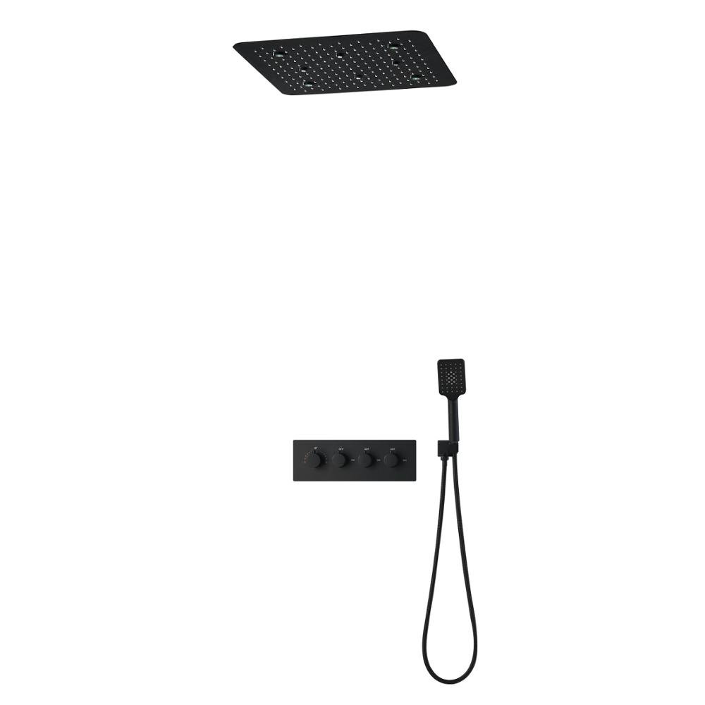 Bath Black Shower Set Colorful LED Multi Function Mist Spray Massage Thermostatic Shower Head Panel Matte Black Shower Faucet