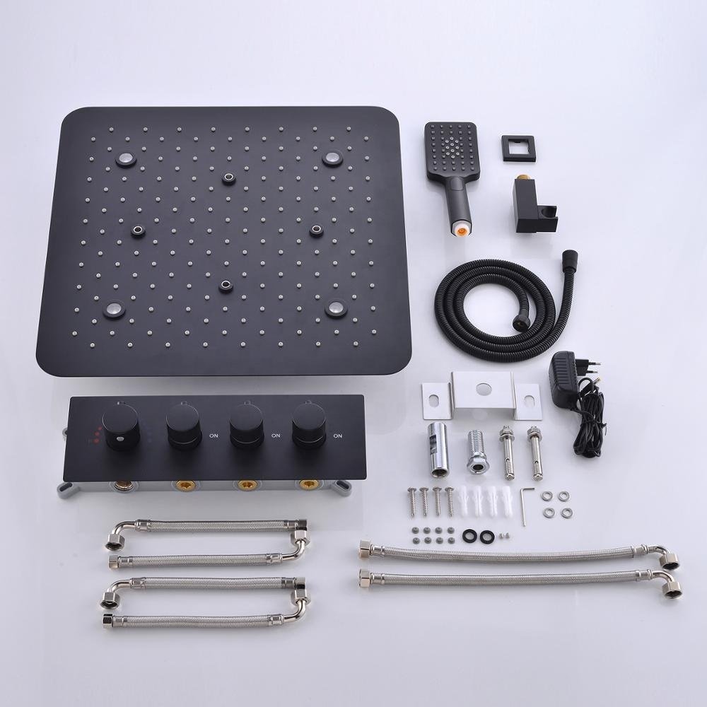 Bath Black Shower Set Colorful LED Multi Function Mist Spray Massage Thermostatic Shower Head Panel Matte Black Shower Faucet