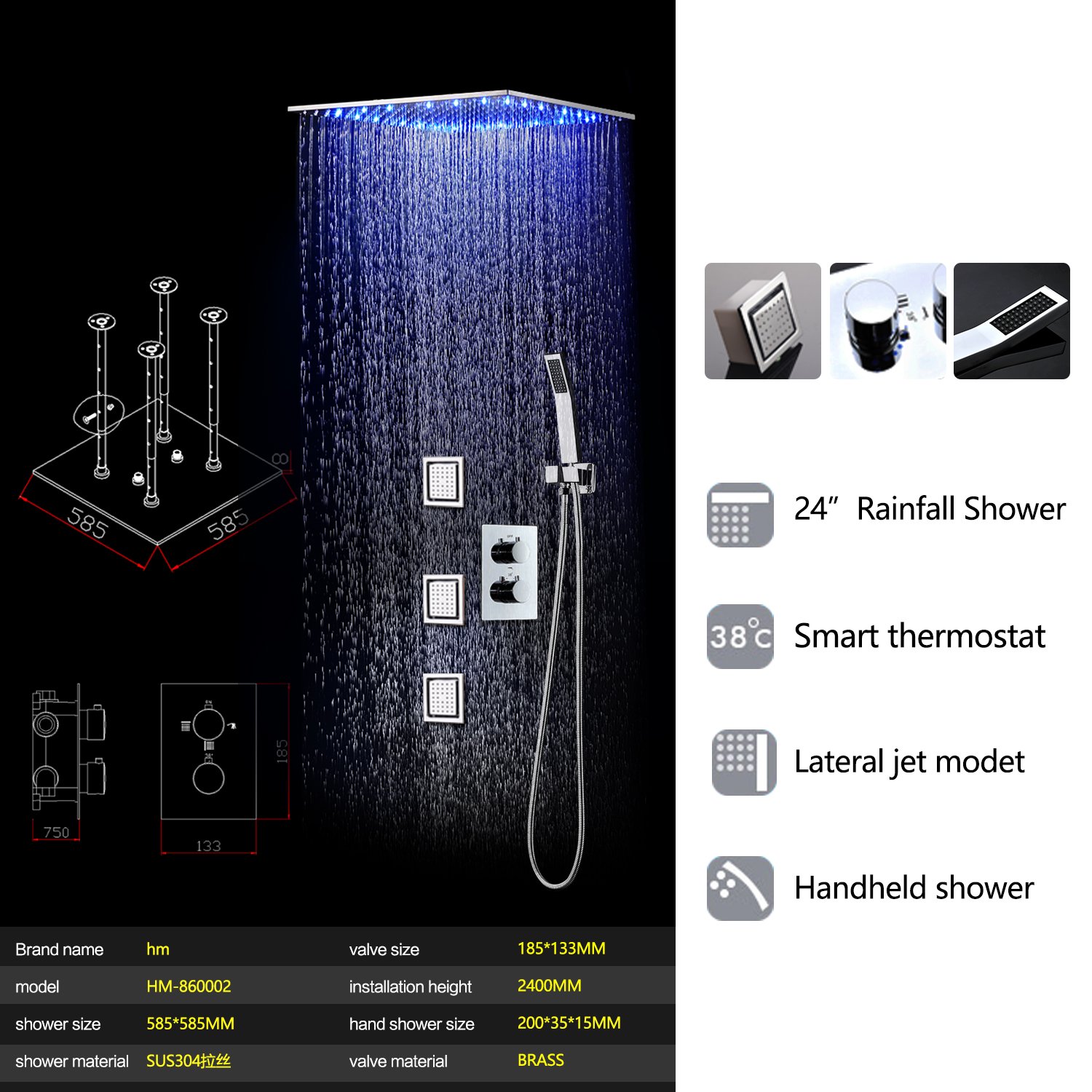 2024 Bathroom SUS 304 LED Shower Head Faucet Set Constant Temperature Valve Mixer With 4 Inch Jets