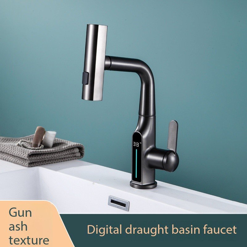 Rain-Fly Digital Display Brass Basin Pull-Out Faucet Kitchen Bathroom Single-Hole Mount Ceramic Valve Core Kitchen Bathroom Use