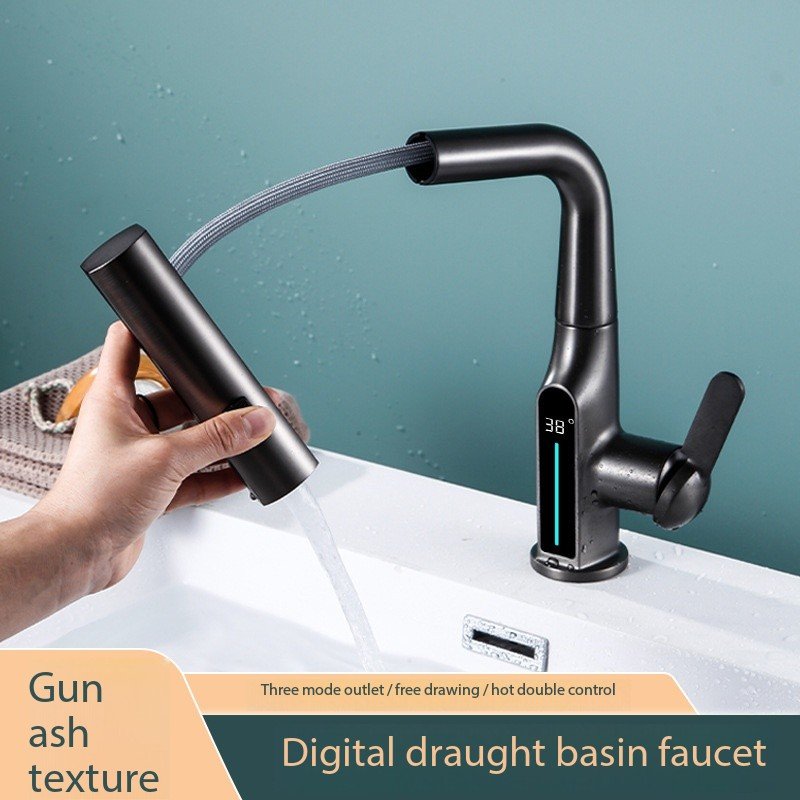 Rain-Fly Digital Display Brass Basin Pull-Out Faucet Kitchen Bathroom Single-Hole Mount Ceramic Valve Core Kitchen Bathroom Use