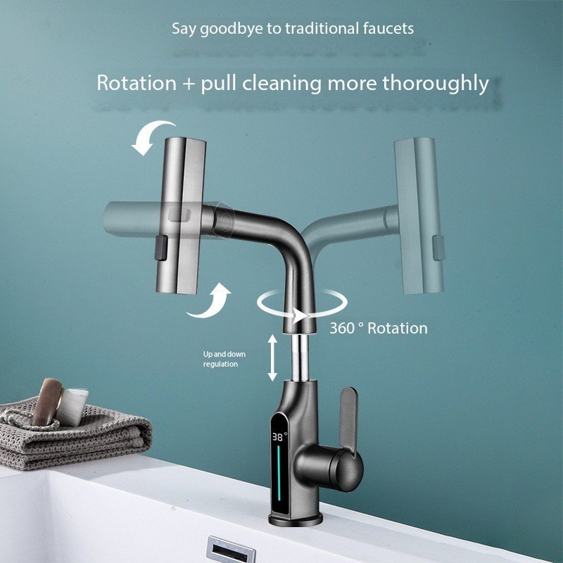 Rain-Fly Digital Display Brass Basin Pull-Out Faucet Kitchen Bathroom Single-Hole Mount Ceramic Valve Core Kitchen Bathroom Use