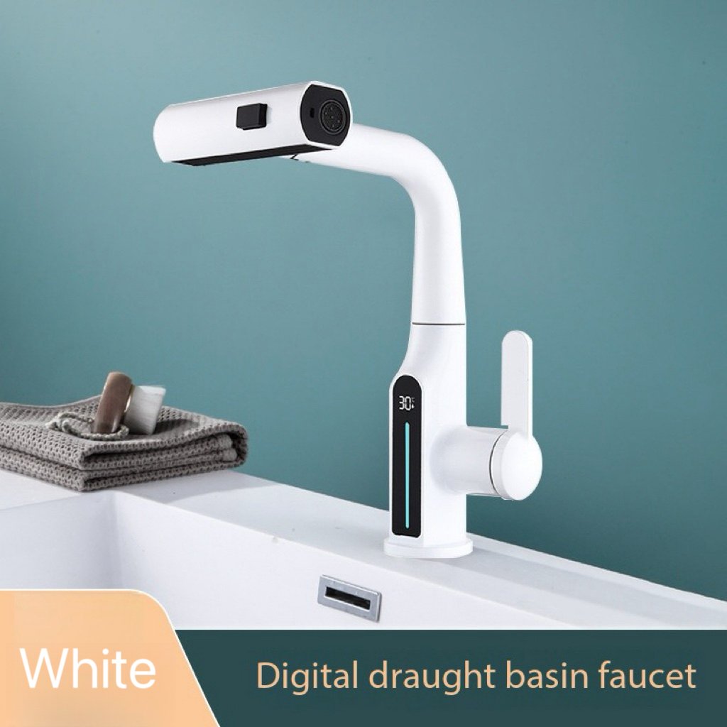 Rain-Fly Digital Display Brass Basin Pull-Out Faucet Kitchen Bathroom Single-Hole Mount Ceramic Valve Core Kitchen Bathroom Use