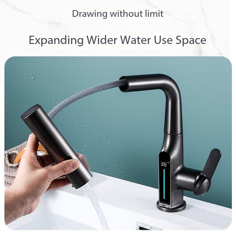 Rain-Fly Digital Display Brass Basin Pull-Out Faucet Kitchen Bathroom Single-Hole Mount Ceramic Valve Core Kitchen Bathroom Use