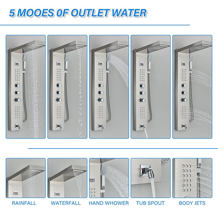 Bathroom Stainless Steel Multifunctional Rainwater Thermostatic Constant Digital Display Waterfall Shower Panel