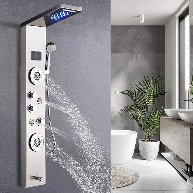 Shower Panel bathroom wall mounted stainless steel Waterfall black shower head column set tower Massage Jets led Shower Panels