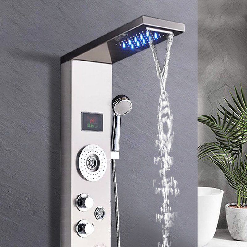 Shower Panel bathroom wall mounted stainless steel Waterfall black shower head column set tower Massage Jets led Shower Panels