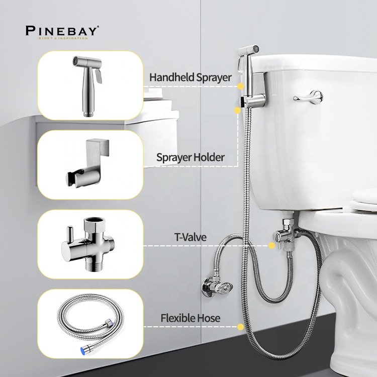 PINEBAY Brushed Nickel 304 Stainless Steel Bidet Set Handheld Toilet Bidets Spray Horizontal Bathroom Shattaf Sprayer