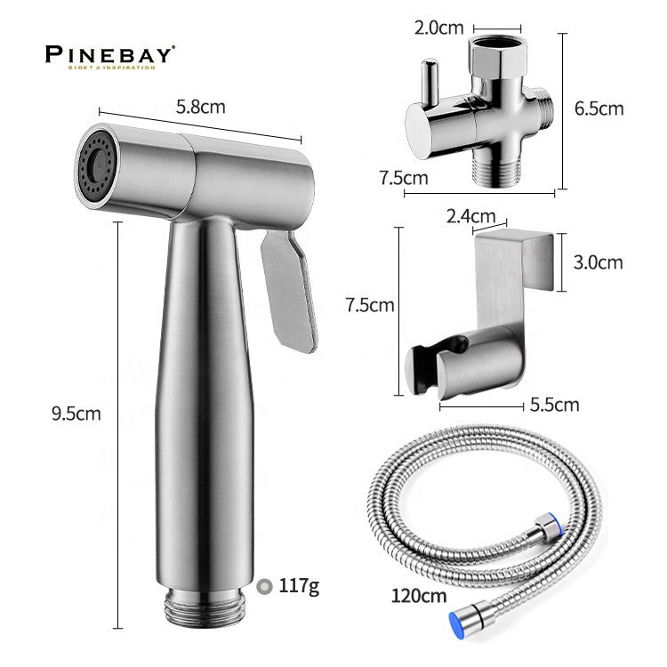 PINEBAY Brushed Nickel 304 Stainless Steel Bidet Set Handheld Toilet Bidets Spray Horizontal Bathroom Shattaf Sprayer