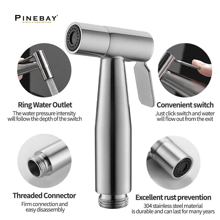 PINEBAY Brushed Nickel 304 Stainless Steel Bidet Set Handheld Toilet Bidets Spray Horizontal Bathroom Shattaf Sprayer