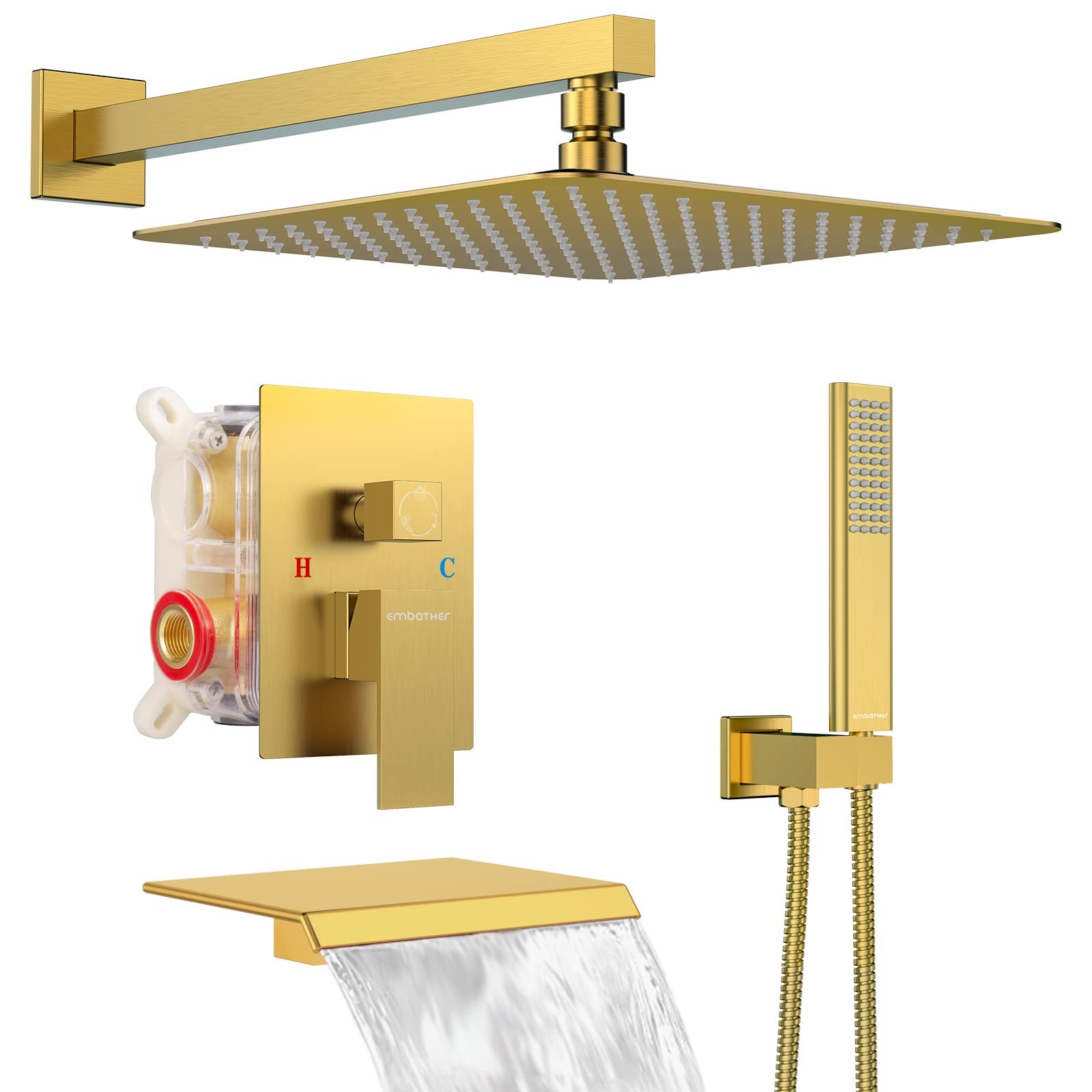Tub Shower Faucet Set High Pressure Rain Shower With Handheld Spray Brushed Gold Contain Shower Valve And Trim Kit