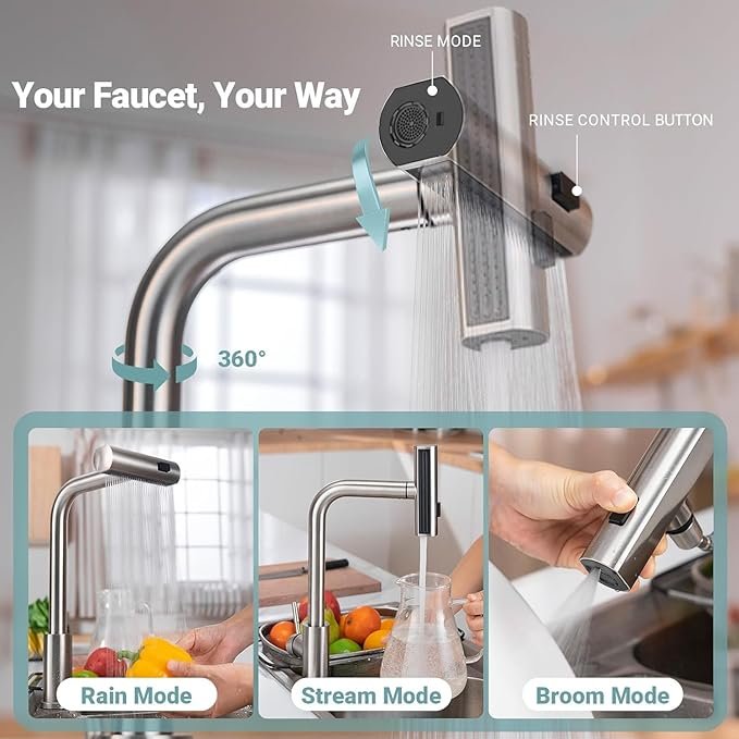 Single-handle Waterfall Kitchen Faucet Multi-function Pull-out Sink Faucet Ceramic Valve Core Deck Mounted Brass Modern 3 Years