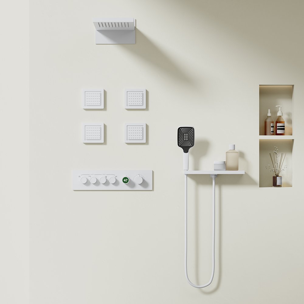 Modern Nordic Rainfall Ceiling Shower System Single-Handle Concealed Bathroom Set in Brass Featuring Waterfall and Jet Sprays