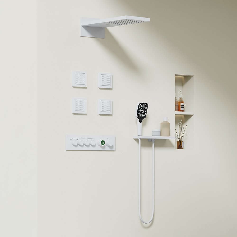 Modern Nordic Rainfall Ceiling Shower System Single-Handle Concealed Bathroom Set in Brass Featuring Waterfall and Jet Sprays