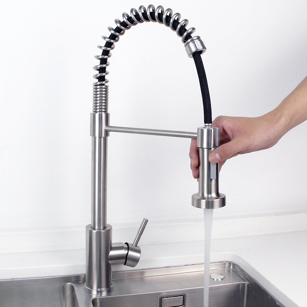 Spring Mixer Single Handle Brass Gooseneck Pull Out Sus304 Kitchen Faucet