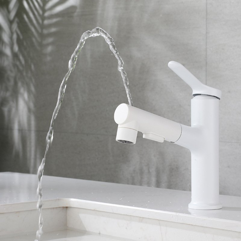 High quality pull out white bathroom Hotel deck installed brass mixer hot and cold water basin faucet