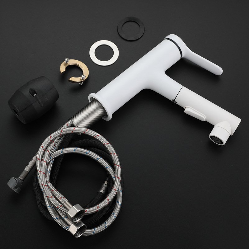 High quality pull out white bathroom Hotel deck installed brass mixer hot and cold water basin faucet