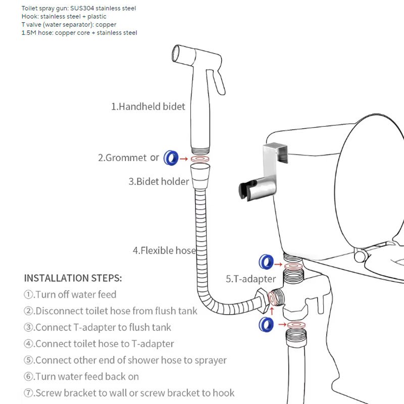 Stainless Steel Personal Hygiene Pet Bathing Spray Gun with 3 Way Valve Bathroom Washing Set Handheld Bidet Toilet Sprayer Kit