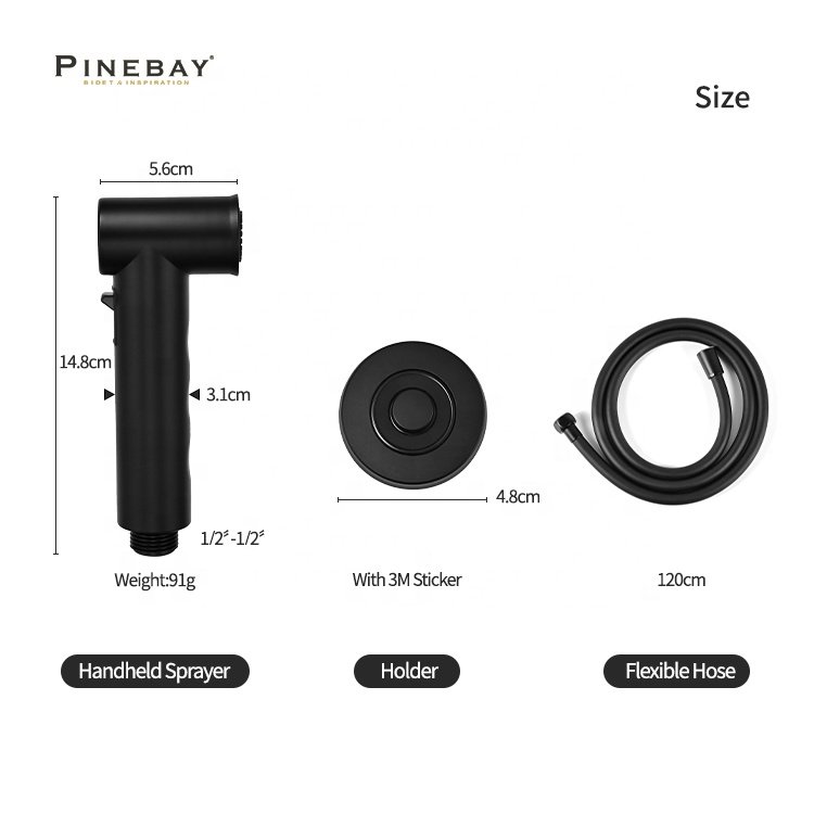 PINEBAY Good Quality Black Round Bathroom Accessories Faucet Diaper Sprayer ABS Adjustable Water Pressure Toilet Shattaf Set