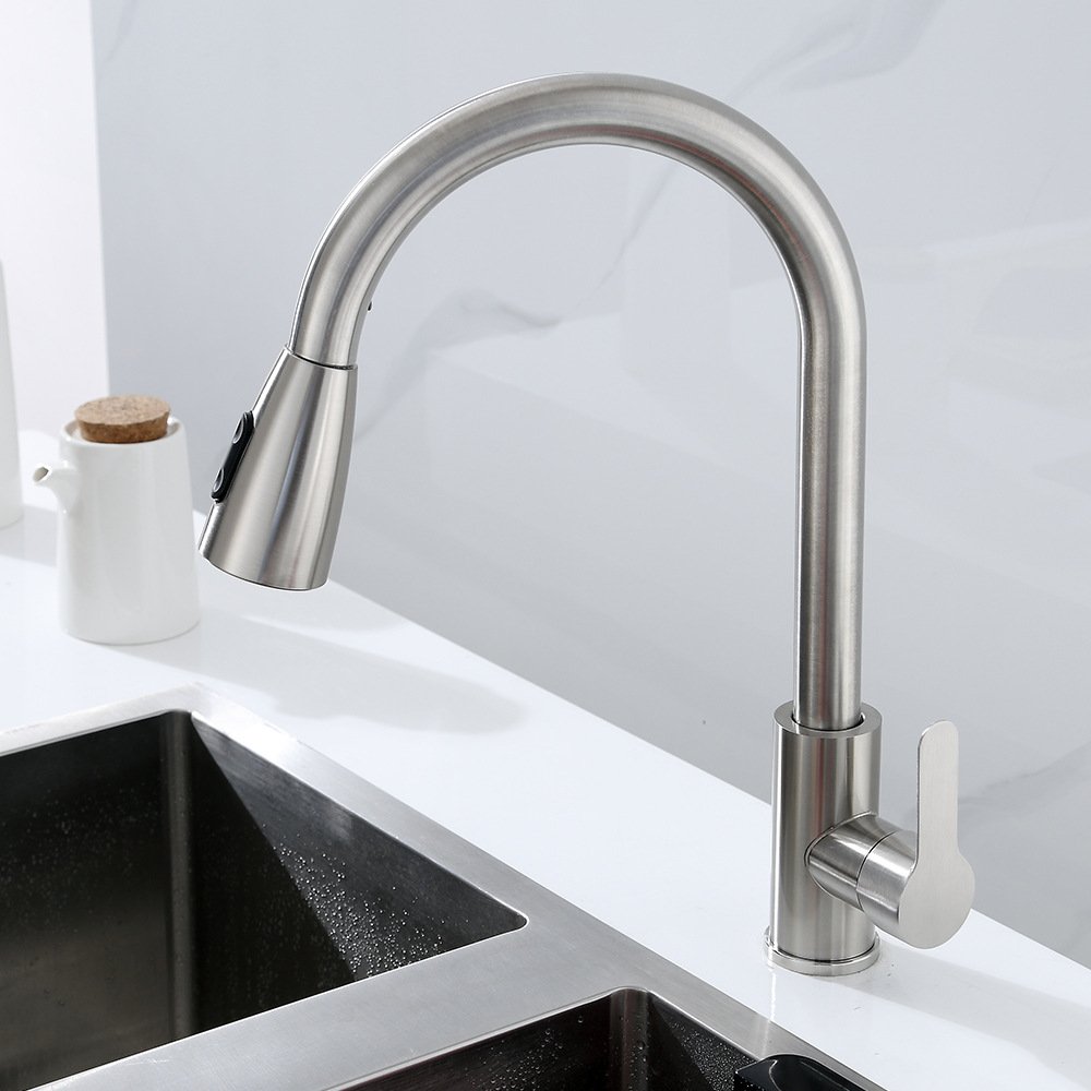 Stainless steel single handle pull down spray cold and hot water kitchen sink faucet