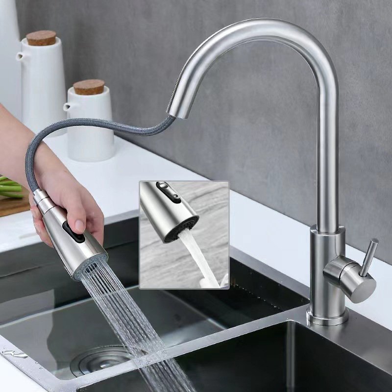 Stainless steel single handle pull down spray cold and hot water kitchen sink faucet